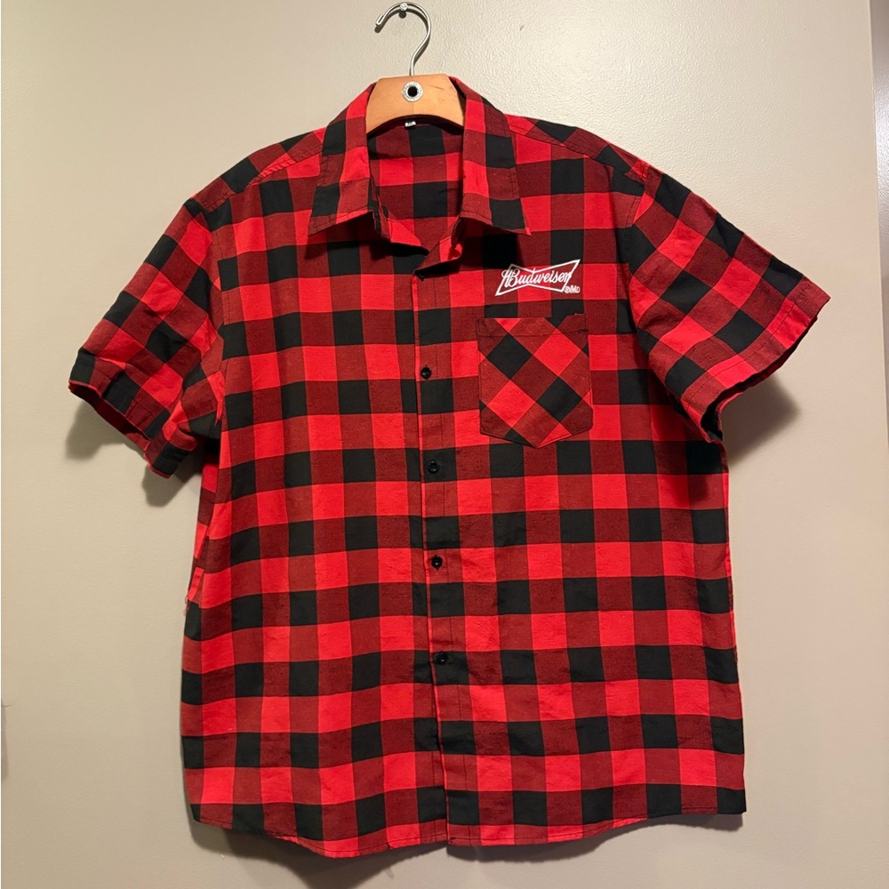 Budweiser Men's Red and Black Checkered Shirt